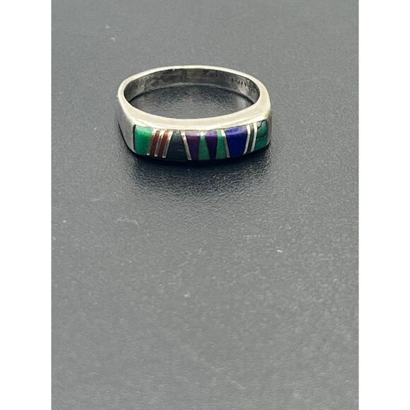 Vintage Zuni Style Sterling Multi-Stone Inlay Turquoise Lapis Malachite Ring 6 - Picture 9 of 10